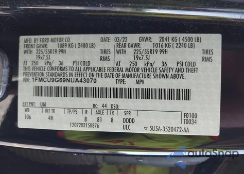 2022 Ford Escape Se z USA, uszkodzony, nr VIN 1FMCU9G69NUA43070